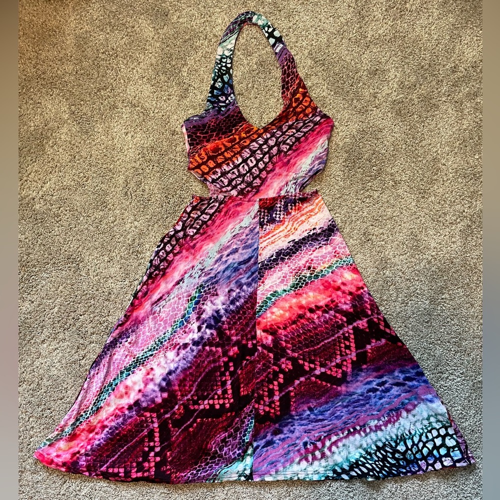 Torn by Ronny Kobo pink/multicolor halter midi dress with side waist cutouts